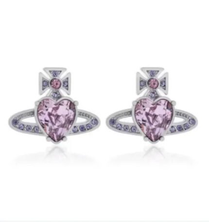 Silver hearts earrings with pink crystal (with box)