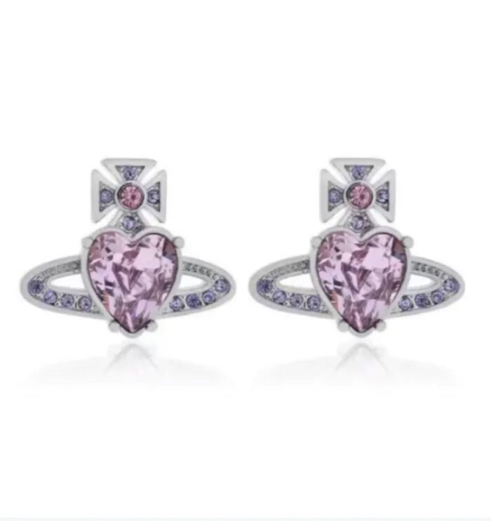 Silver hearts earrings with pink crystal (with box)