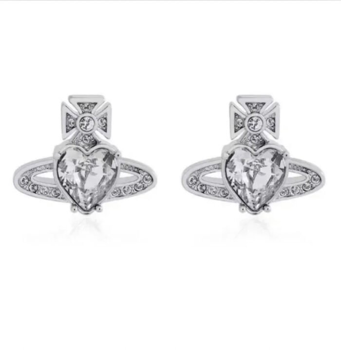 Silver hearts earrings with pink crystal (with box)