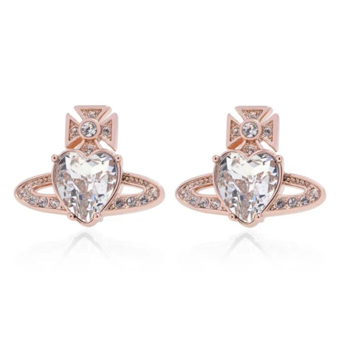 Silver hearts earrings with pink crystal (with box)