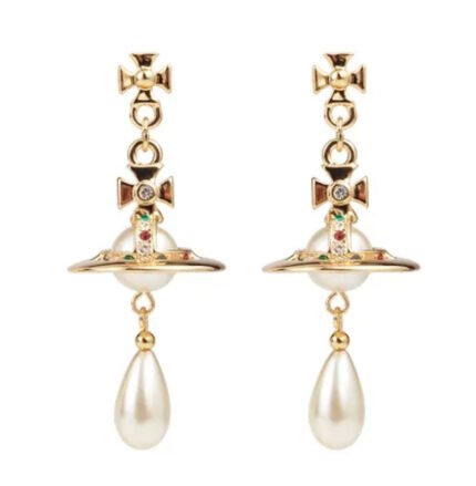 gold orb pearl drop earrings (with box)