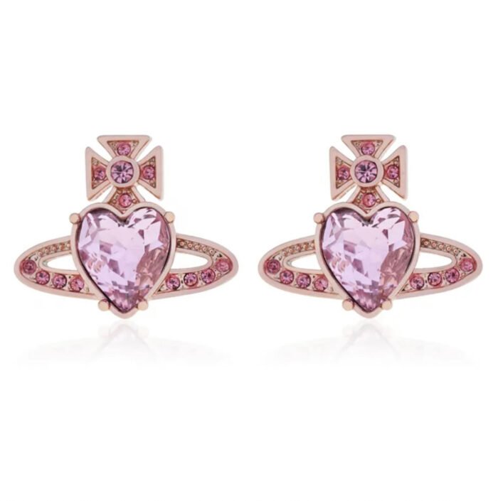 Silver hearts earrings with pink crystal (with box)