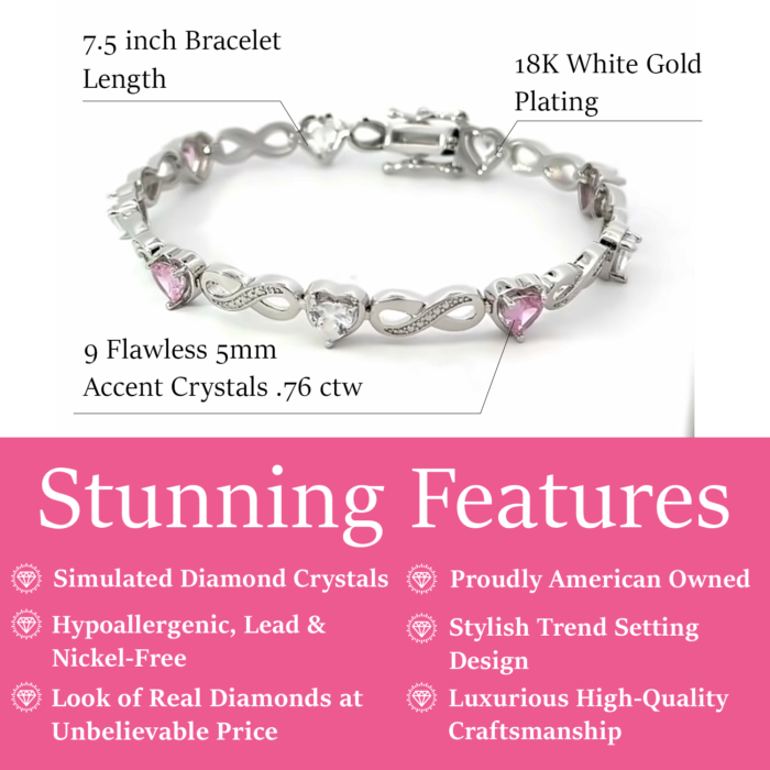 Amanda 18k White Gold Plated Infinity Heart Tennis Bracelet with CZ Crystals