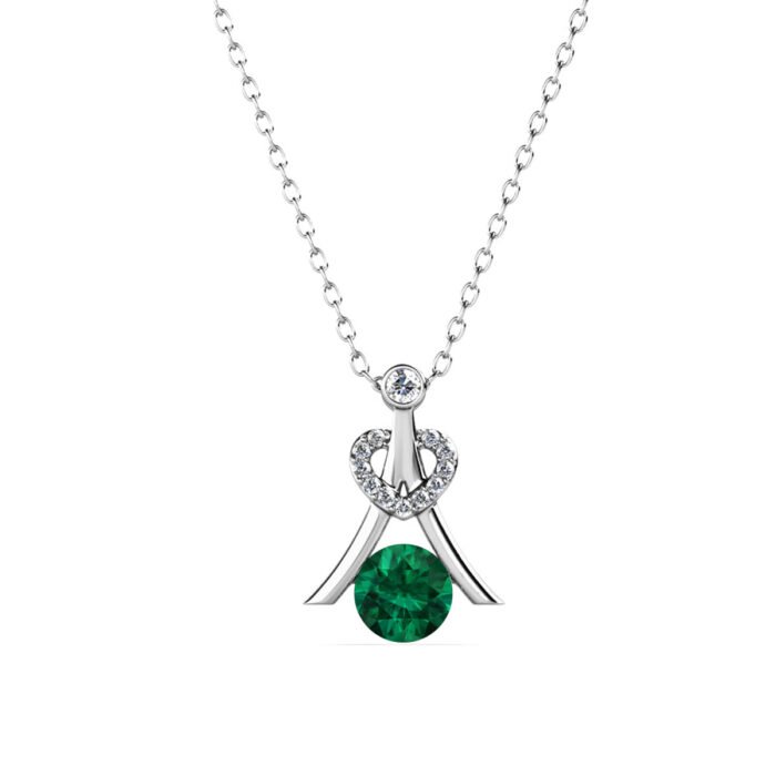 DP0273-2_3_28c337a5-6cf2-44f1-b14d-3582208b93a5 Serenity May Birthstone Emerald Necklace. 18k White Gold Plated Silver Necklace with Round Cut Crystals