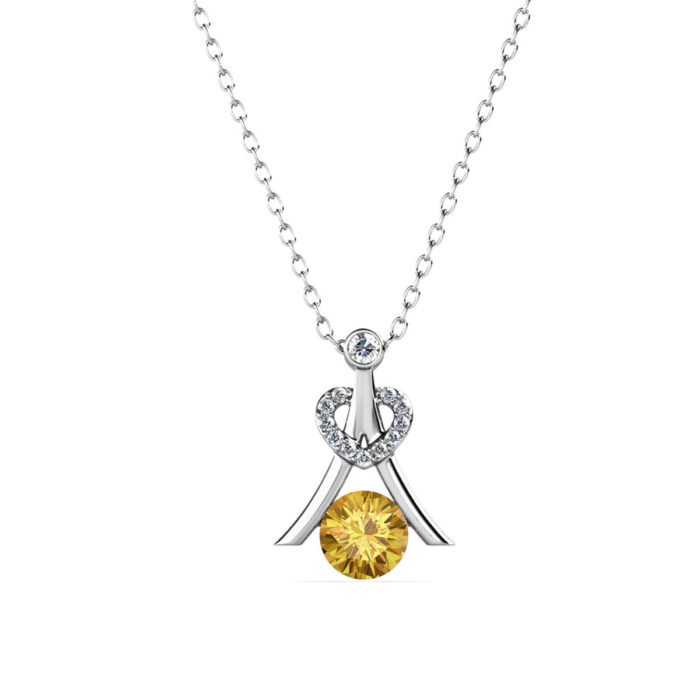 Serenity November Birthstone Citrine Necklace. 18k White Gold Plated Silver Necklace with Round Cut Crystals
