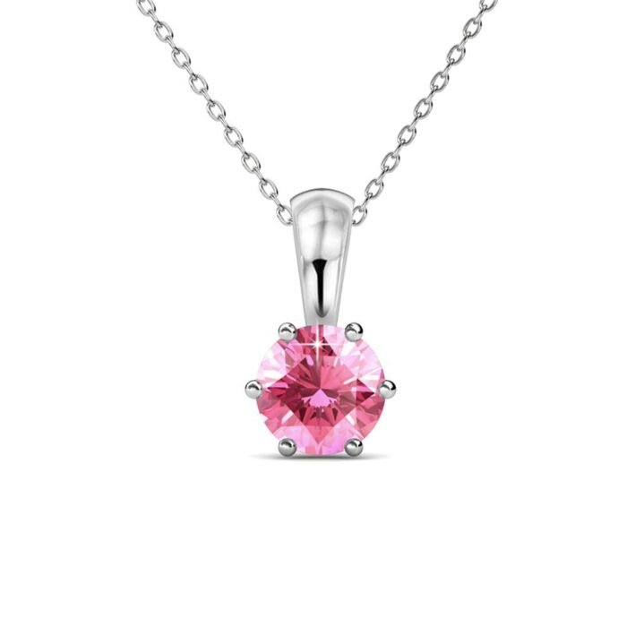 October Birthstone Pink Tourmaline Necklace. 18k White Gold Plated Solitaire Necklace with 1CT Crystal