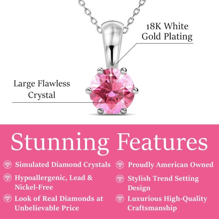 October Birthstone Pink Tourmaline Necklace. 18k White Gold Plated Solitaire Necklace with 1CT Crystal