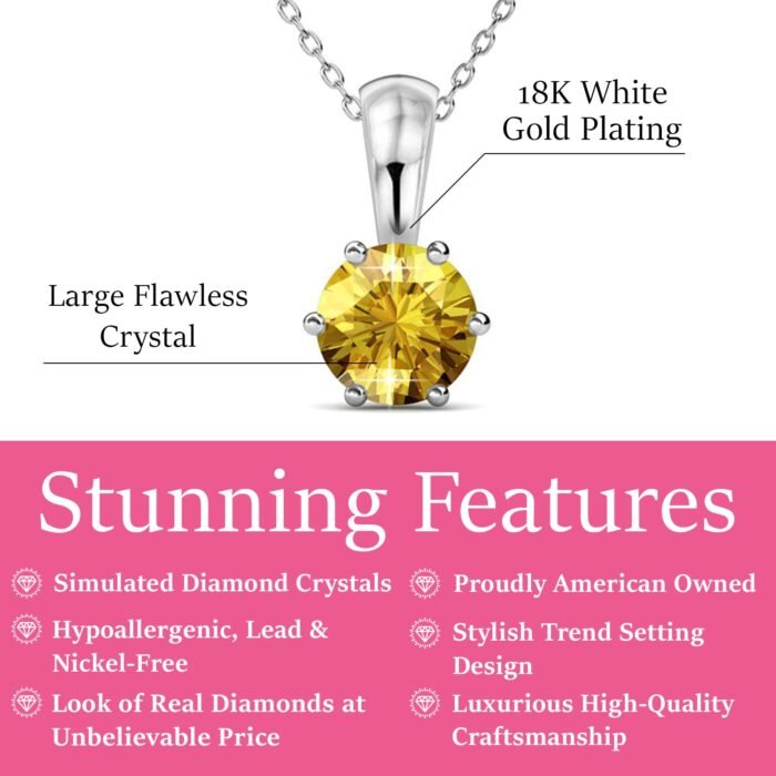 November Birthstone Citrine Necklace. 18k White Gold Plated Solitaire Necklace with 1CT Crystal