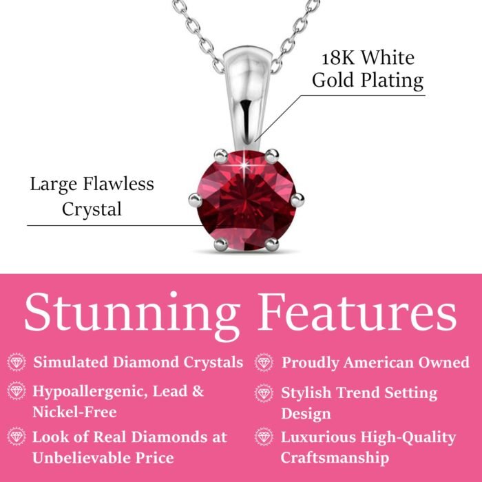 January Birthstone Garnet Necklace. 18k White Gold Plated Solitaire Necklace with 1CT Crystal
