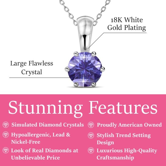 February Birthstone Amethyst Necklace. 18k White Gold Plated Solitaire Necklace with 1CT Crystal