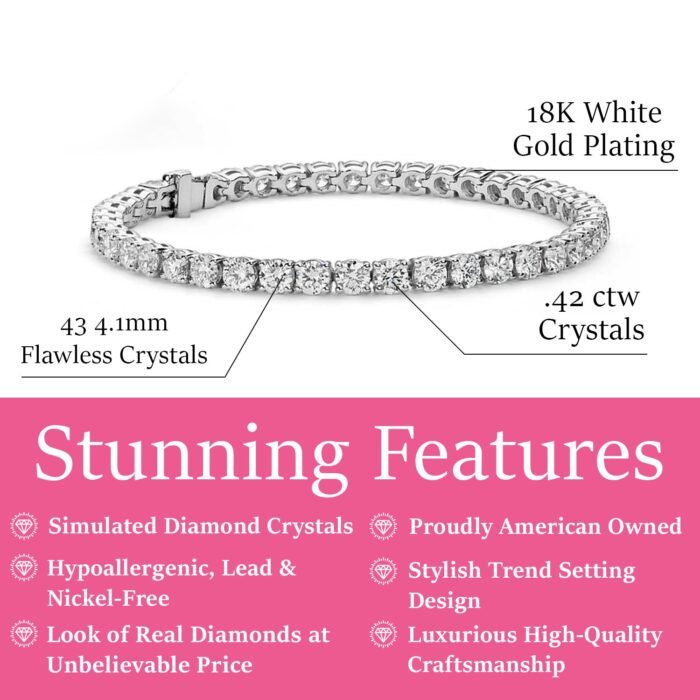 Olivia 18k White Gold Plated Tennis Bracelet with Simulated Diamond Cubic Zirconia Crystals